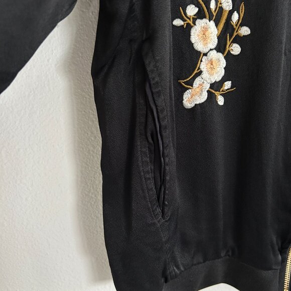 Zara Jacket M Black Satin Embroidered Asian Floral Bird Full Zip Bomber - Picture 6 of 11